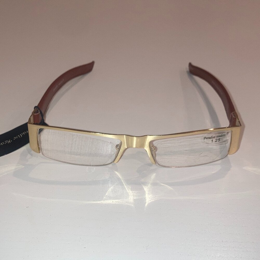 Gold and Light Brown Leather Reading Glasses +1.25 Power